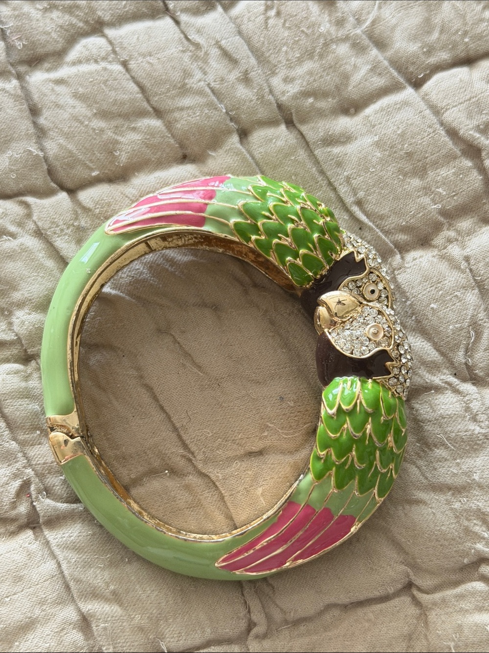 Parrot clamper bracelet green enamel black and pink with crystal gorgeous - Picture 6 of 17